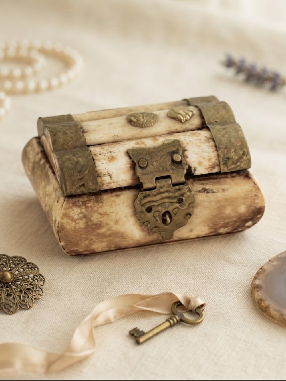 Vintage Indian Carved Bone & Brass Hinged
Trinket Box
